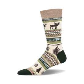 socks with a pattern of snowflakes, pine trees, and moose on a light brown background. the top of the sock is brown with two green stripes. the toe and heel are dark green.