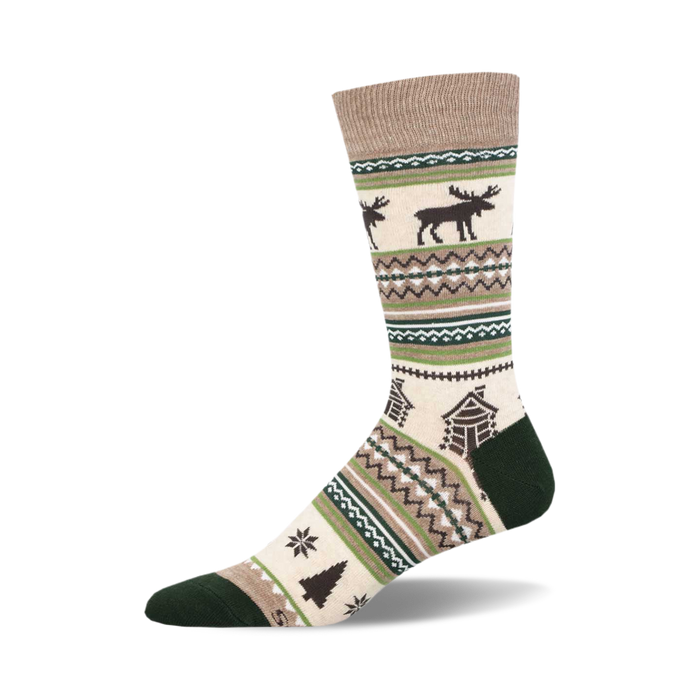 socks with a pattern of snowflakes, pine trees, and moose on a light brown background. the top of the sock is brown with two green stripes. the toe and heel are dark green. }}