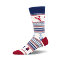 Cream crew socks with a Fair Isle pattern. Red lobsters, anchors, and popsicles are featured against navy and gray stripes.