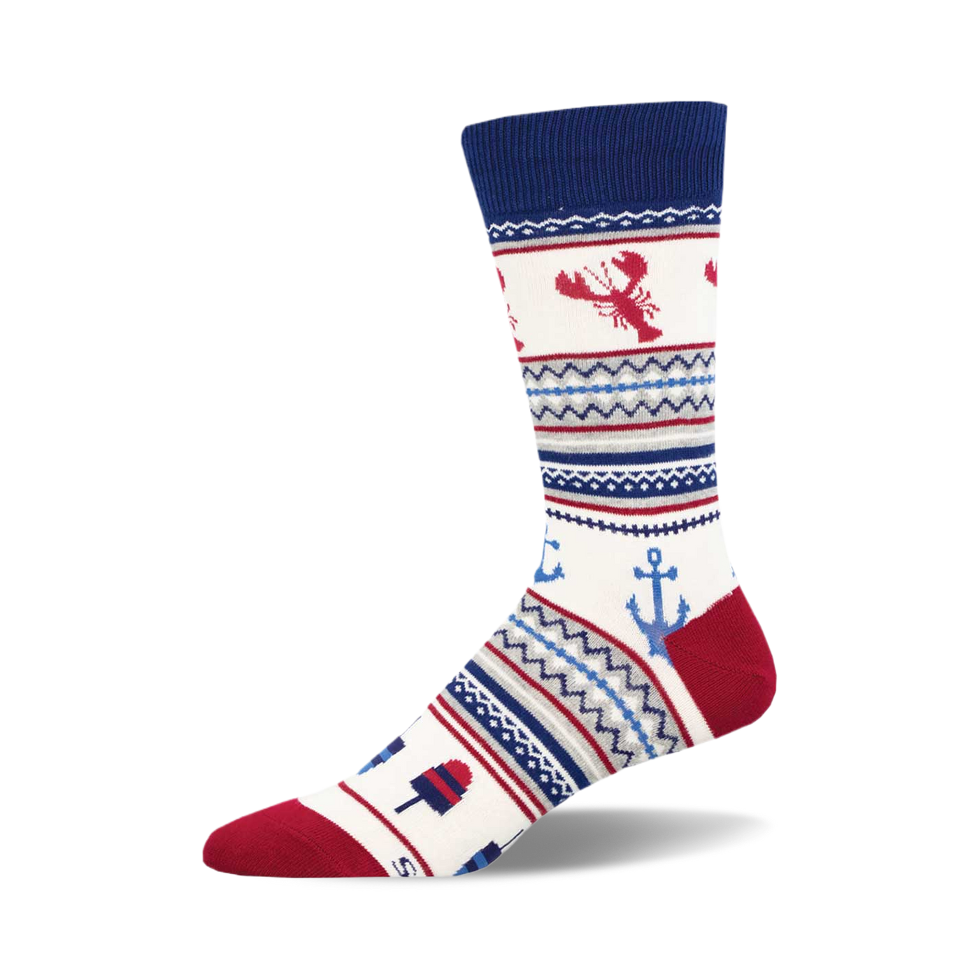 Cream crew socks with a Fair Isle pattern. Red lobsters, anchors, and popsicles are featured against navy and gray stripes.