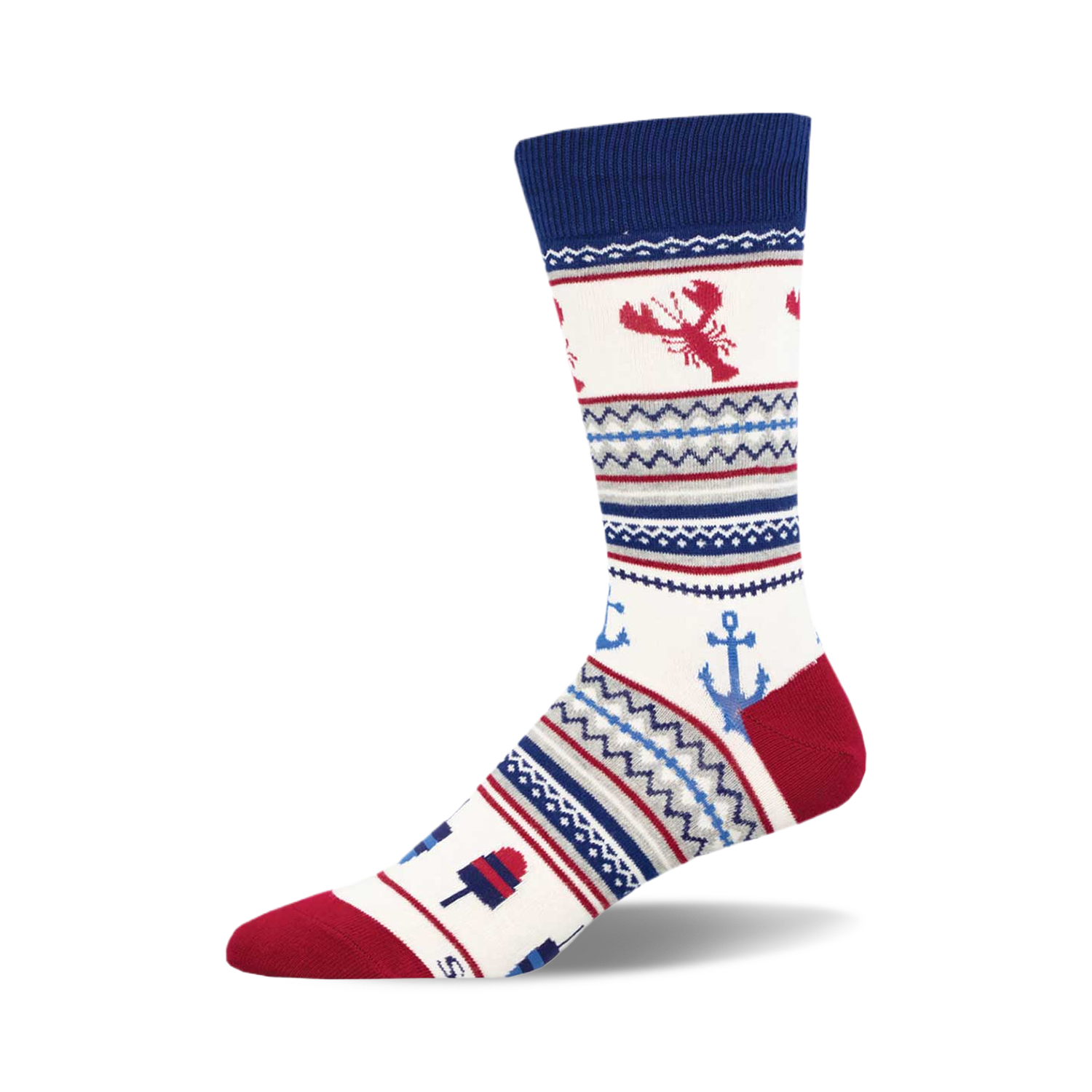 Cream crew socks with a Fair Isle pattern. Red lobsters, anchors, and popsicles are featured against navy and gray stripes.