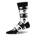 Crew sock with bold black and white horizontal stripes featuring alternating black and white pixelated skulls.