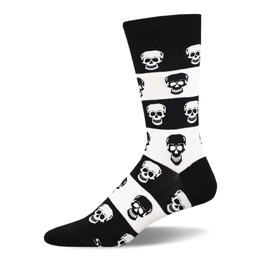 Crew sock with bold black and white horizontal stripes featuring alternating black and white pixelated skulls.