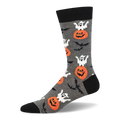 Grey crew socks with orange jack-o-lanterns, popping white ghosts, flying black bats, and black accents.
