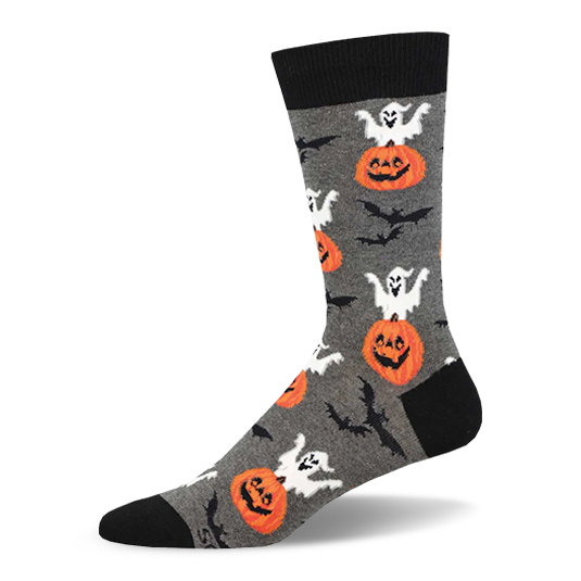 Grey crew socks with orange jack-o-lanterns, popping white ghosts, flying black bats, and black accents.