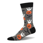 Grey crew socks with orange jack-o-lanterns, popping white ghosts, flying black bats, and black accents.