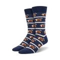 Pair of navy blue crew socks with horizontal stripes and repeating pattern of roasted turkeys designed like footballs.