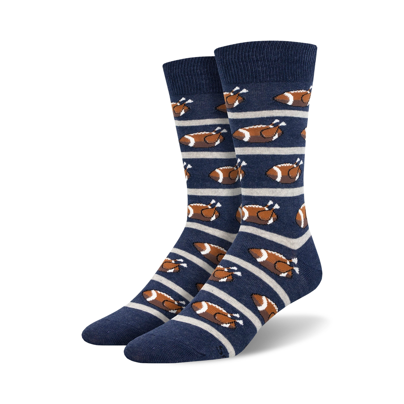Pair of navy blue crew socks with horizontal stripes and repeating pattern of roasted turkeys designed like footballs.