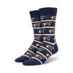Pair of navy blue crew socks with horizontal stripes and repeating pattern of roasted turkeys designed like footballs.