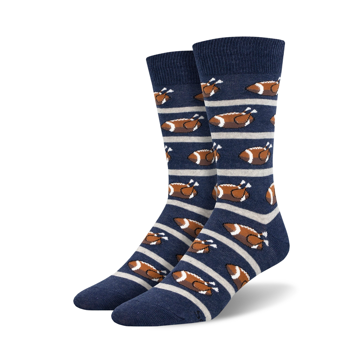 Pair of navy blue crew socks with horizontal stripes and repeating pattern of roasted turkeys designed like footballs.