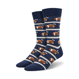 men's crew socks with football and turkey patterns in brown, orange, and blue  