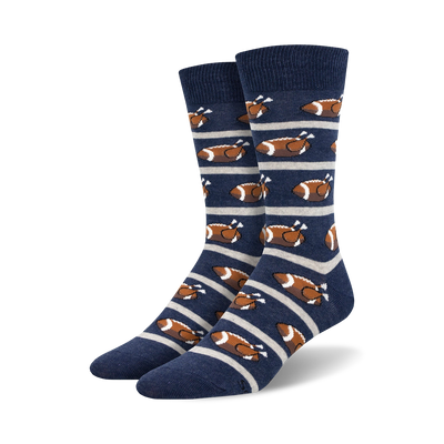 men's crew socks with football and turkey patterns in brown, orange, and blue  