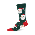 Dark green Christmas sock featuring multiple Santa Claus faces with red hats & white beards, plus white snowflakes. Red toe &