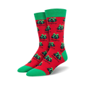 Pair of crew socks with a pixelated naughty gift pattern.  Red and green or grey and red with black cuffs.