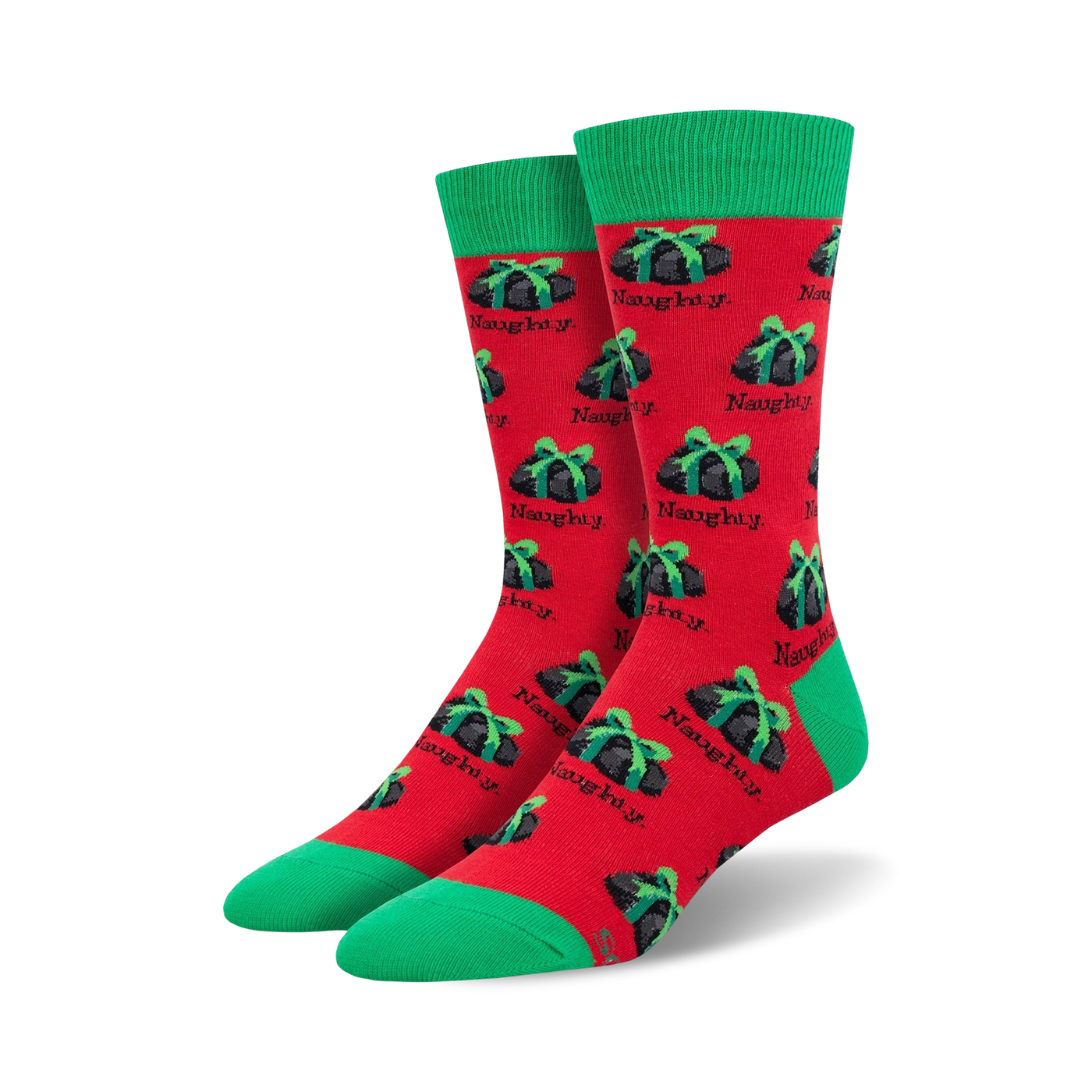 Pair of crew socks with a pixelated naughty gift pattern.  Red and green or grey and red with black cuffs.