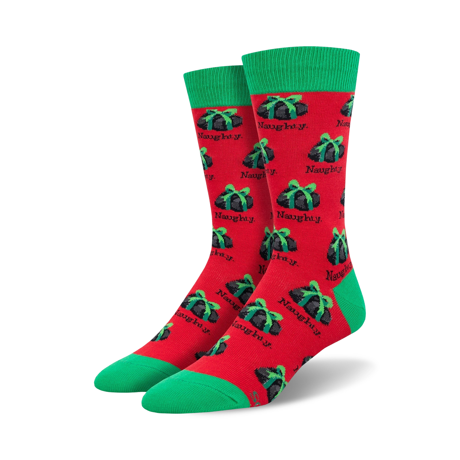Pair of crew socks with a pixelated naughty gift pattern.  Red and green or grey and red with black cuffs.