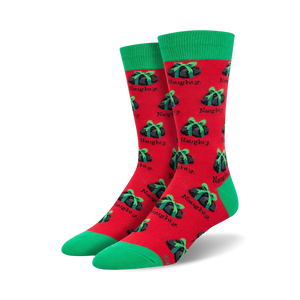 red crew socks with a naughty black present design and white 