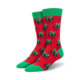 red crew socks with a naughty black present design and white "naughty" text at the top.  