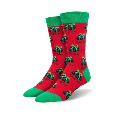 red crew socks with a naughty black present design and white "naughty" text at the top.  