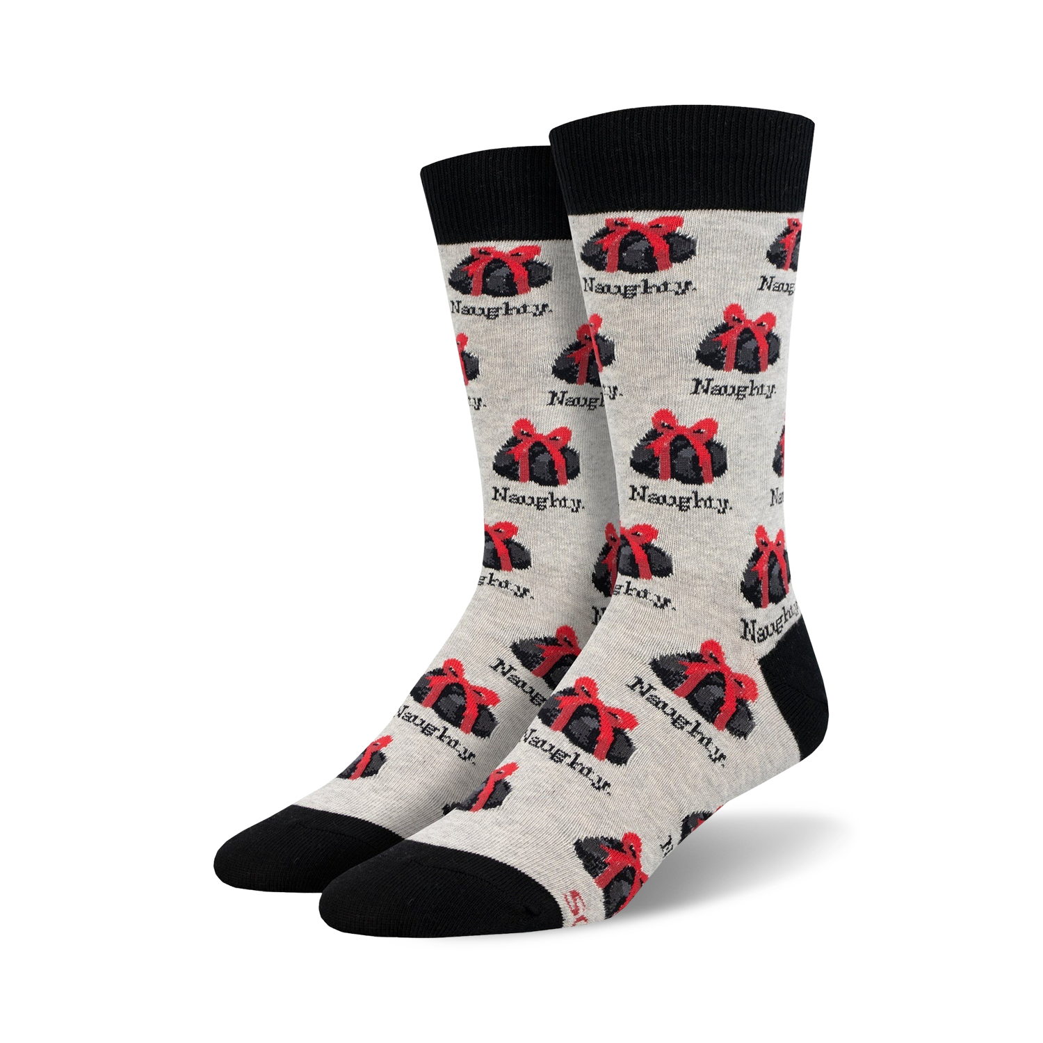 Lifestyle shot of model wearing grey and red 'Naughty' socks with black shoes.