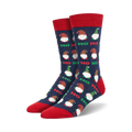 Pair of crew socks with navy blue background, red and green gnomes, and 'Ho Ho Ho' text.