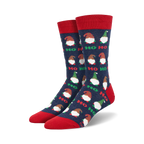 Pair of crew socks with navy blue background, red and green gnomes, and 'Ho Ho Ho' text.