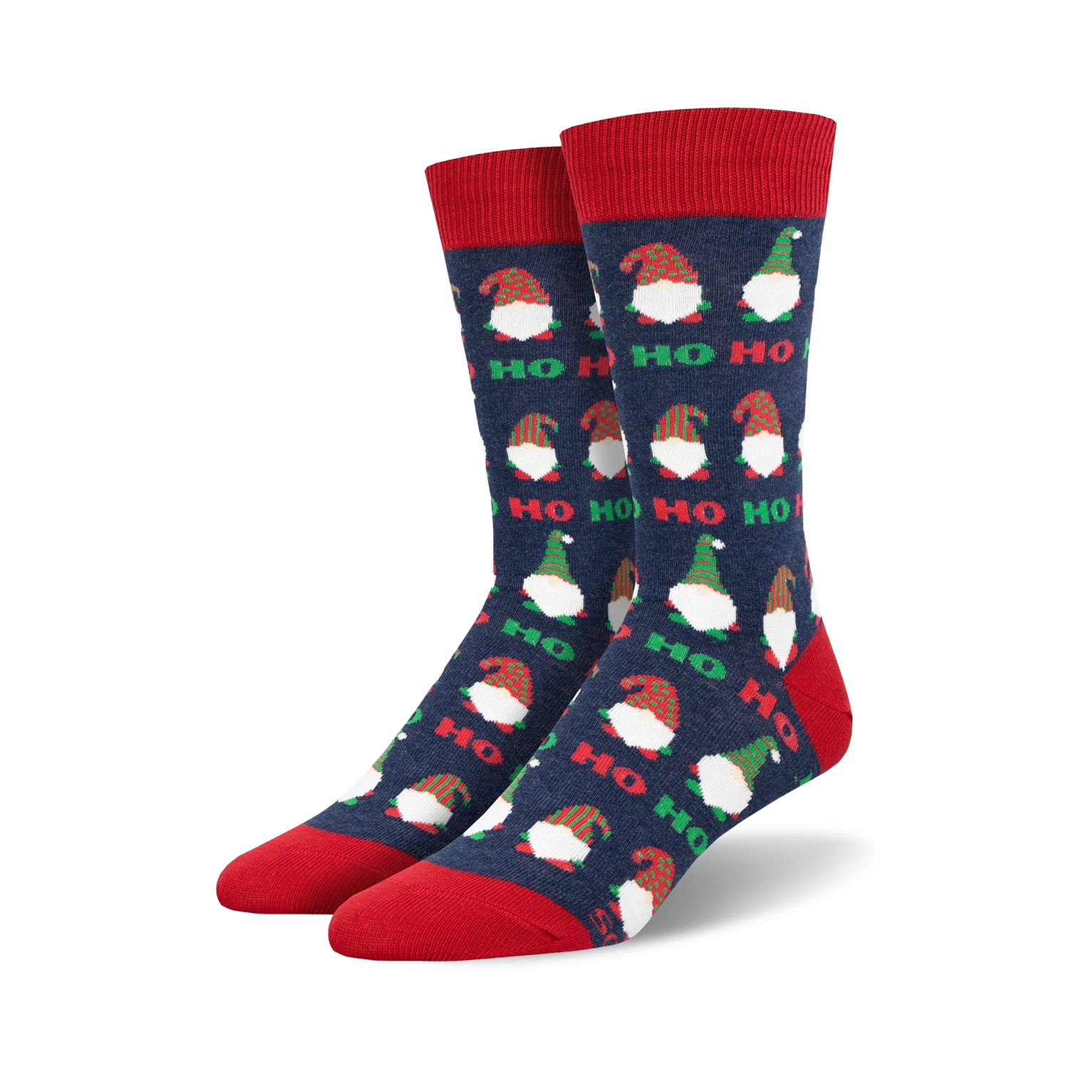 Pair of crew socks with navy blue background, red and green gnomes, and 'Ho Ho Ho' text.