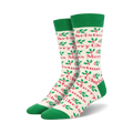 Cream crew socks with a green cuff. Red and green holly and 'Merry Christmas' text are printed all over.