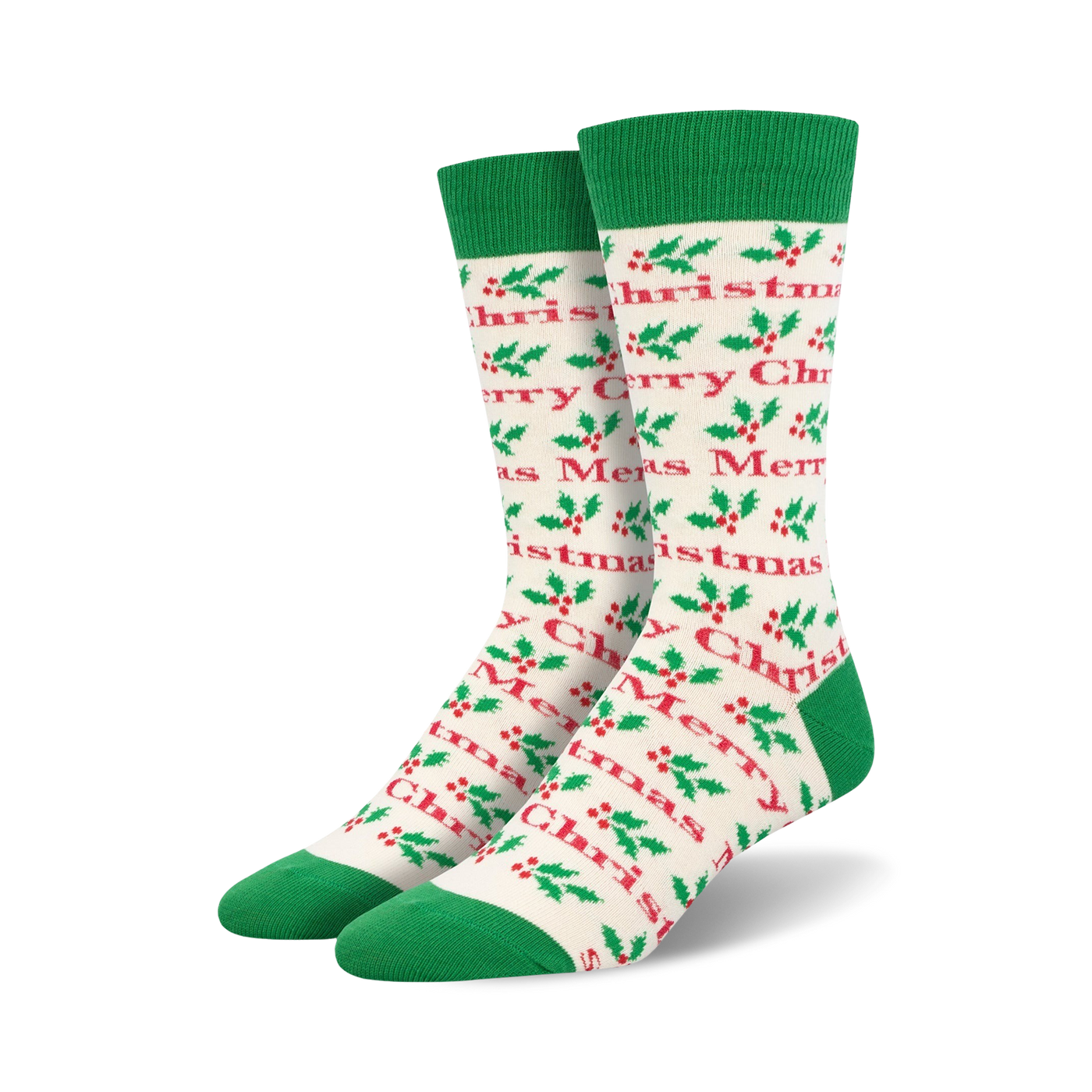 Cream crew socks with a green cuff. Red and green holly and 'Merry Christmas' text are printed all over.