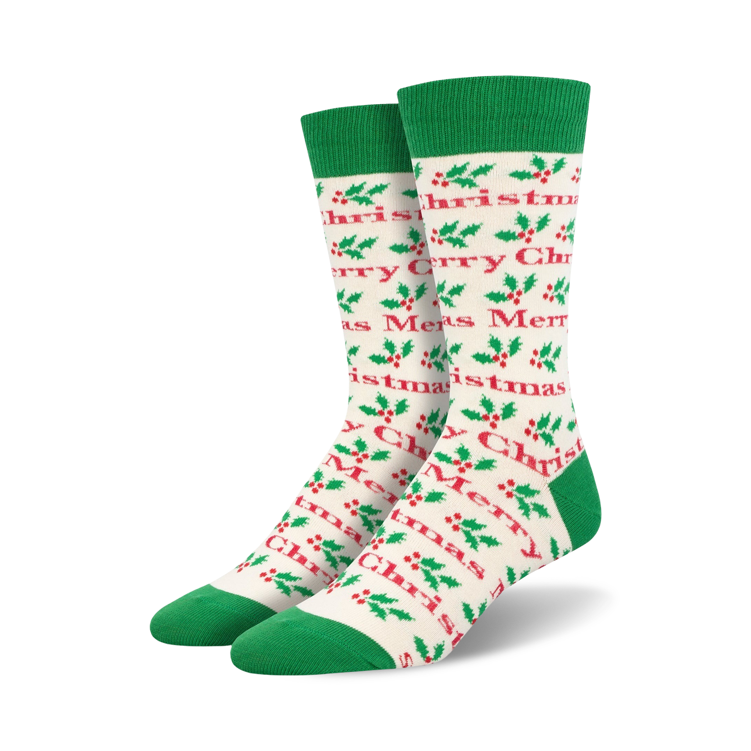 Cream crew socks with a green cuff. Red and green holly and 'Merry Christmas' text are printed all over.