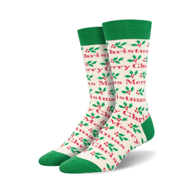 mens crew length red and green christmas socks with a pattern of red holly leaves and berries. celebrate the holidays with these festive and jolly socks.   