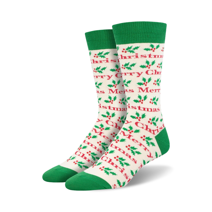 mens crew length red and green christmas socks with a pattern of red holly leaves and berries. celebrate the holidays with these festive and jolly socks.    }}