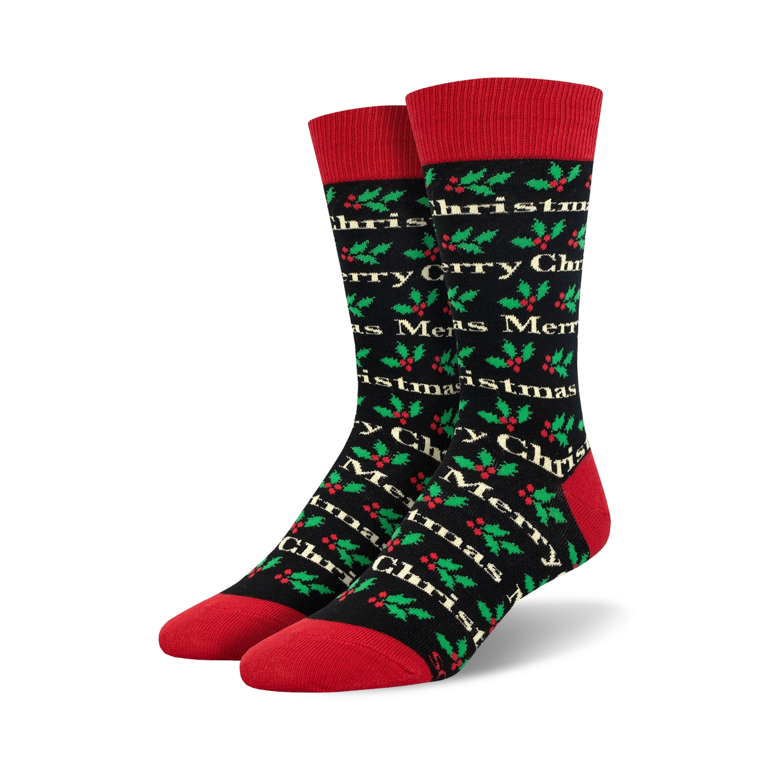 Pair of crew socks in black with a red cuff. The socks have a pattern of 'Merry Christmas' text and holly sprigs in green and red.