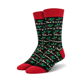 black crew socks with red holly leaves, berries, and gold "christmas" text. perfect for spreading holiday cheer.   