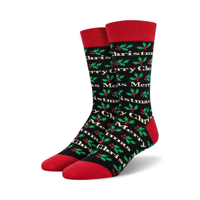 black crew socks with red holly leaves, berries, and gold 