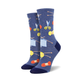 A pair of women's crew socks in blue featuring knitting needles, yarn, and scissors. The design is colorful and fun!