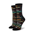 Black crew socks with colorful friendship bracelet patterns and 'Best Friends' text.  Features teal, yellow, orange, and red accents.