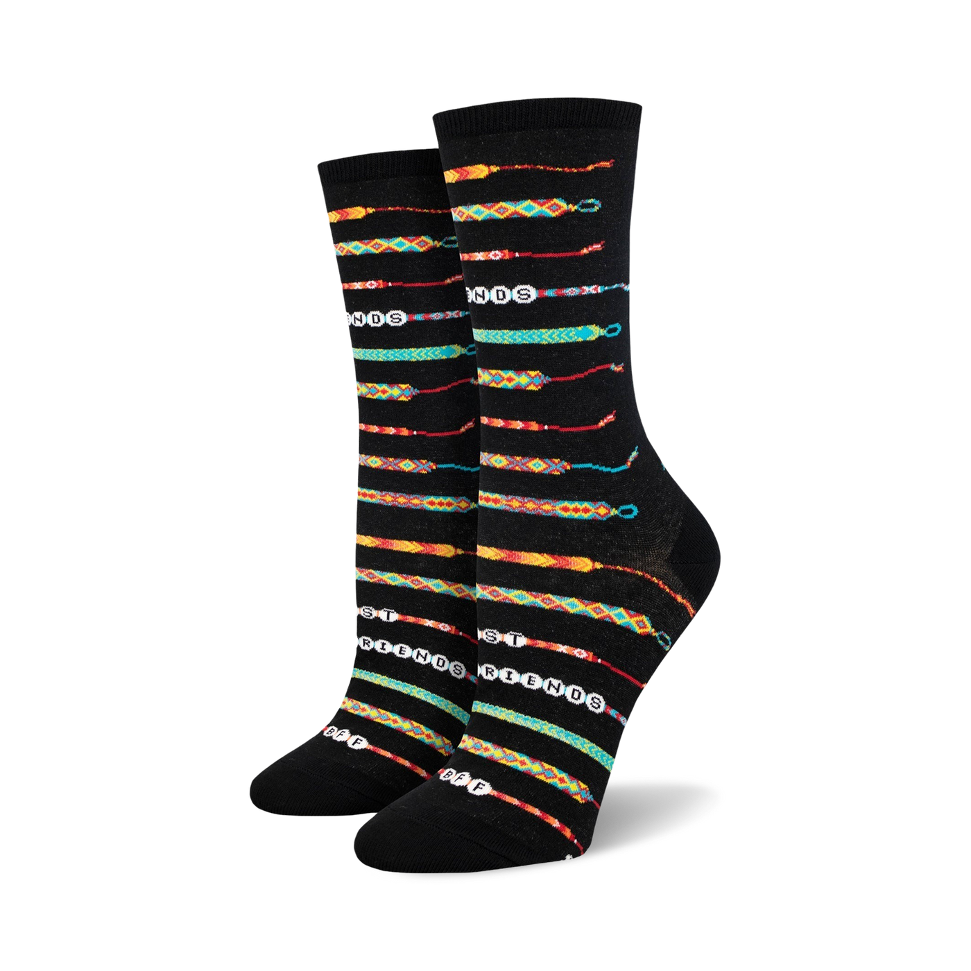 Black crew socks with colorful friendship bracelet patterns and 'Best Friends' text.  Features teal, yellow, orange, and red accents.