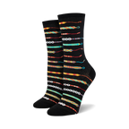 Black crew socks with colorful friendship bracelet patterns and 'Best Friends' text.  Features teal, yellow, orange, and red accents.