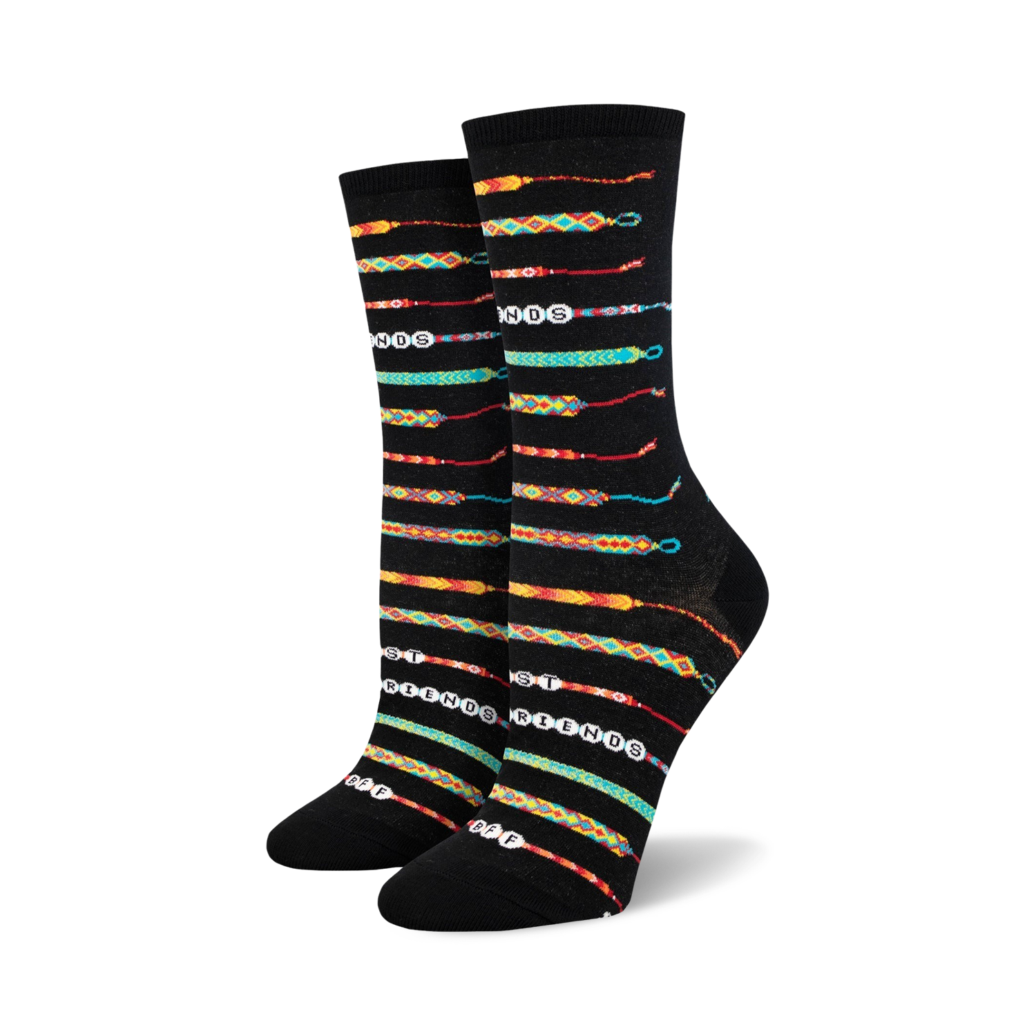 Black crew socks with colorful friendship bracelet patterns and 'Best Friends' text.  Features teal, yellow, orange, and red accents.