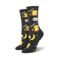 Pair of crew socks in dark gray featuring a fun pattern of yellow rotary phones, bananas, and speech bubbles saying 'RING!' and 'hello?'.