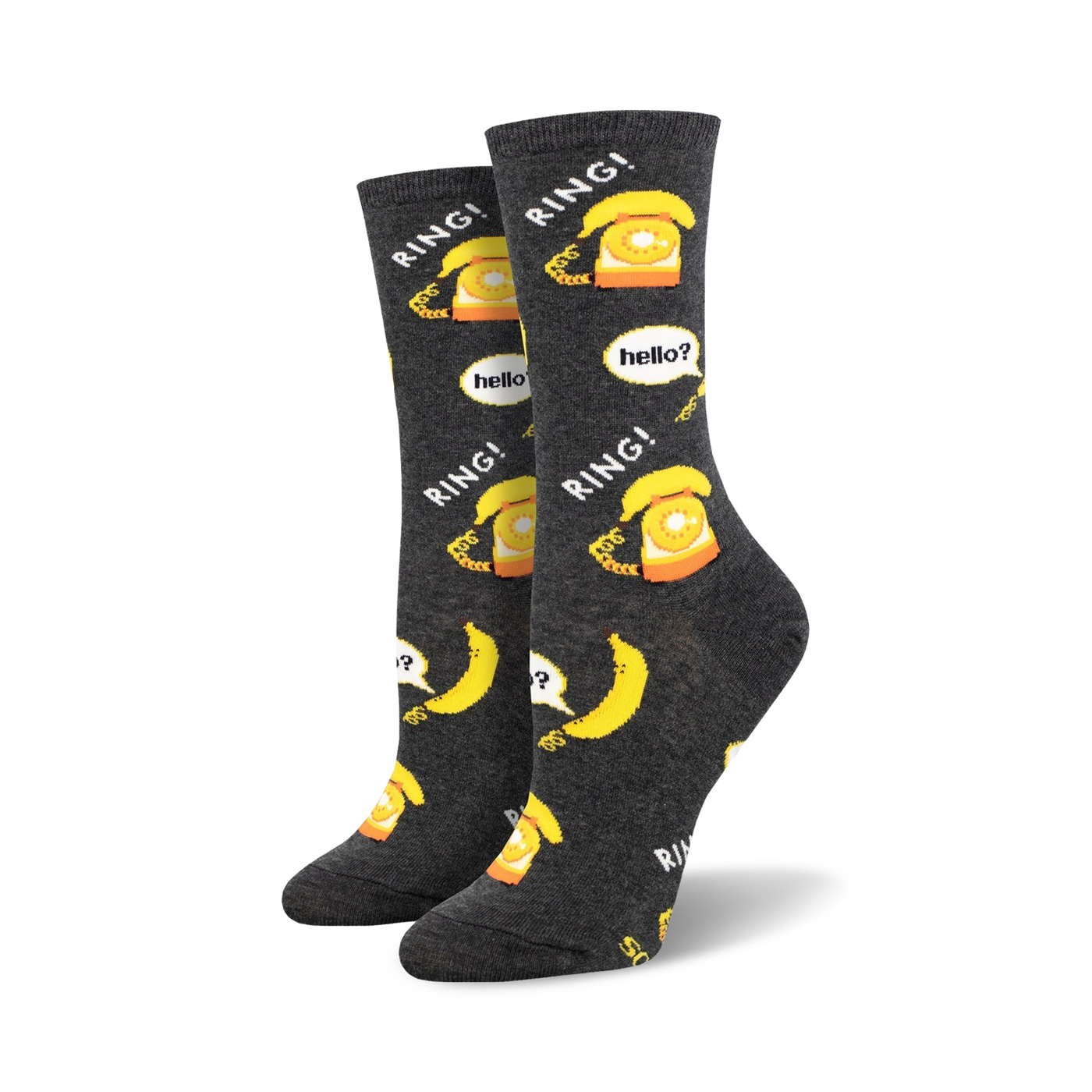 Pair of crew socks in dark gray featuring a fun pattern of yellow rotary phones, bananas, and speech bubbles saying 'RING!' and 'hello?'.