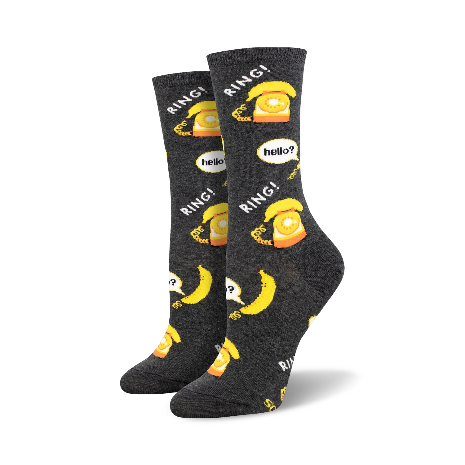 Pair of crew socks in dark gray featuring a fun pattern of yellow rotary phones, bananas, and speech bubbles saying 'RING!' and 'hello?'.