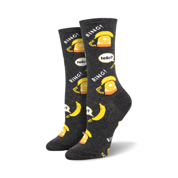 gray crew socks for women with yellow rotary phone and banana pattern.  