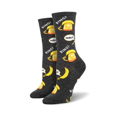 gray crew socks for women with yellow rotary phone and banana pattern.  