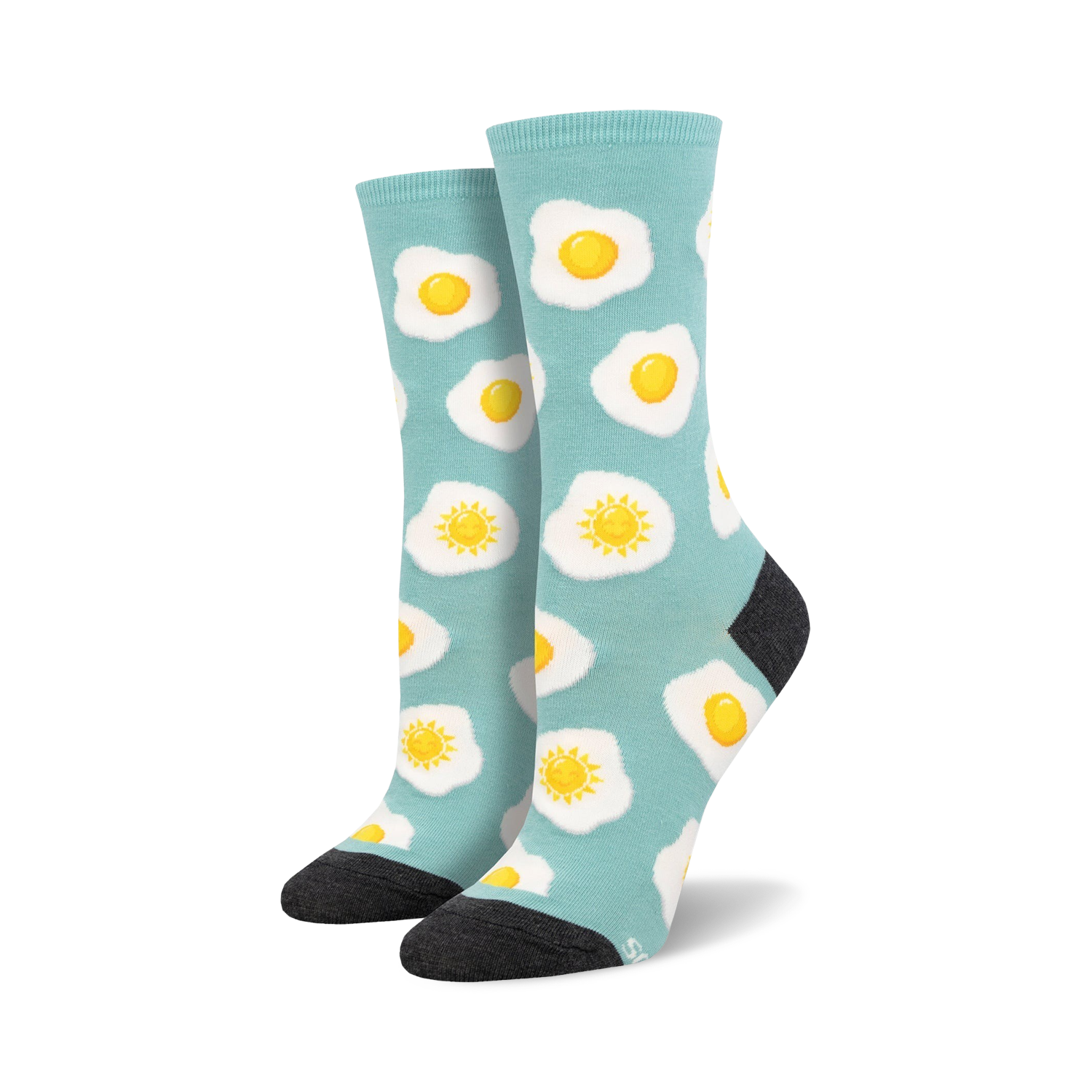 Pair of teal crew socks with a repeating pattern of sunny-side up fried eggs.  Yellow yolks and white egg whites on a light teal background.  Dark grey heel and toe.
