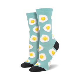 women's sunny side up crew socks, sunny side up eggs, suns, and blue background   