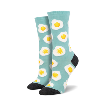 women's sunny side up crew socks, sunny side up eggs, suns, and blue background   