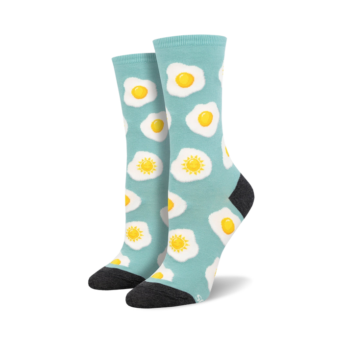women's sunny side up crew socks, sunny side up eggs, suns, and blue background    }}