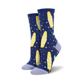 Pair of women's crew socks.  Navy blue background with yellow Elote (Mexican street corn) designs, lime accents, and yellow polka dots.